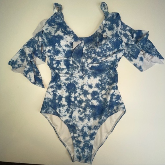 NEW Nicole Miller One Piece Cold Shoulder Ruffle Tie Dye Swimsuit M - Picture 4 of 17